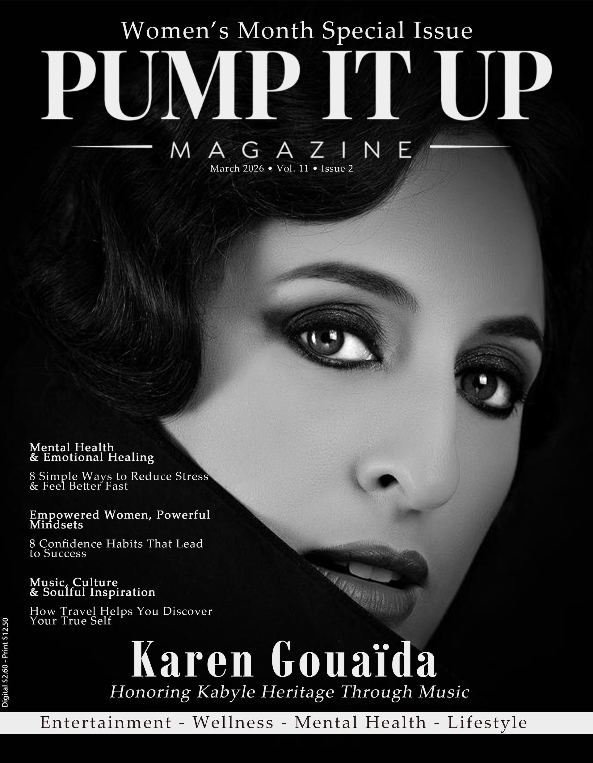 Black and white magazine cover featuring a close-up portrait of Karen Gouaïda with the title Pump It Up Magazine.