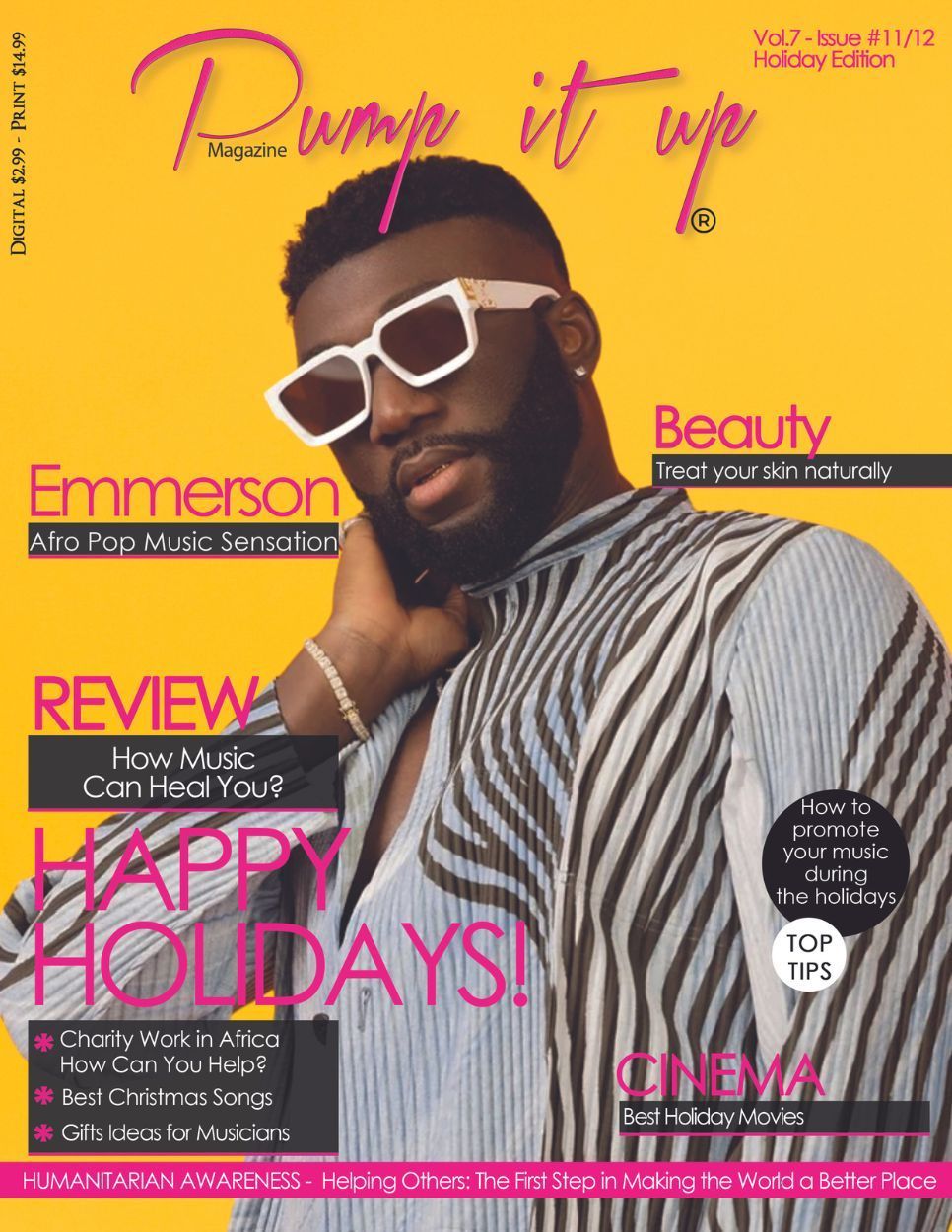 A man wearing sunglasses and a striped shirt is on the cover of a magazine.