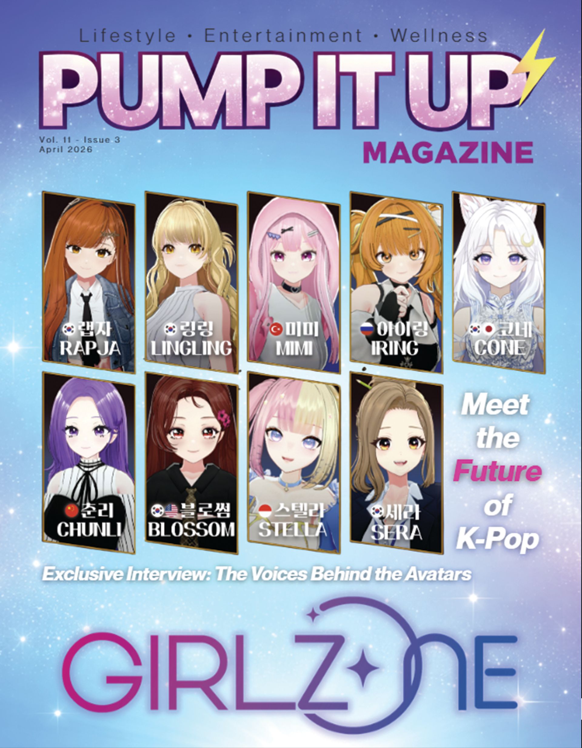 Magazine cover featuring portraits of nine anime-style avatars labeled as the