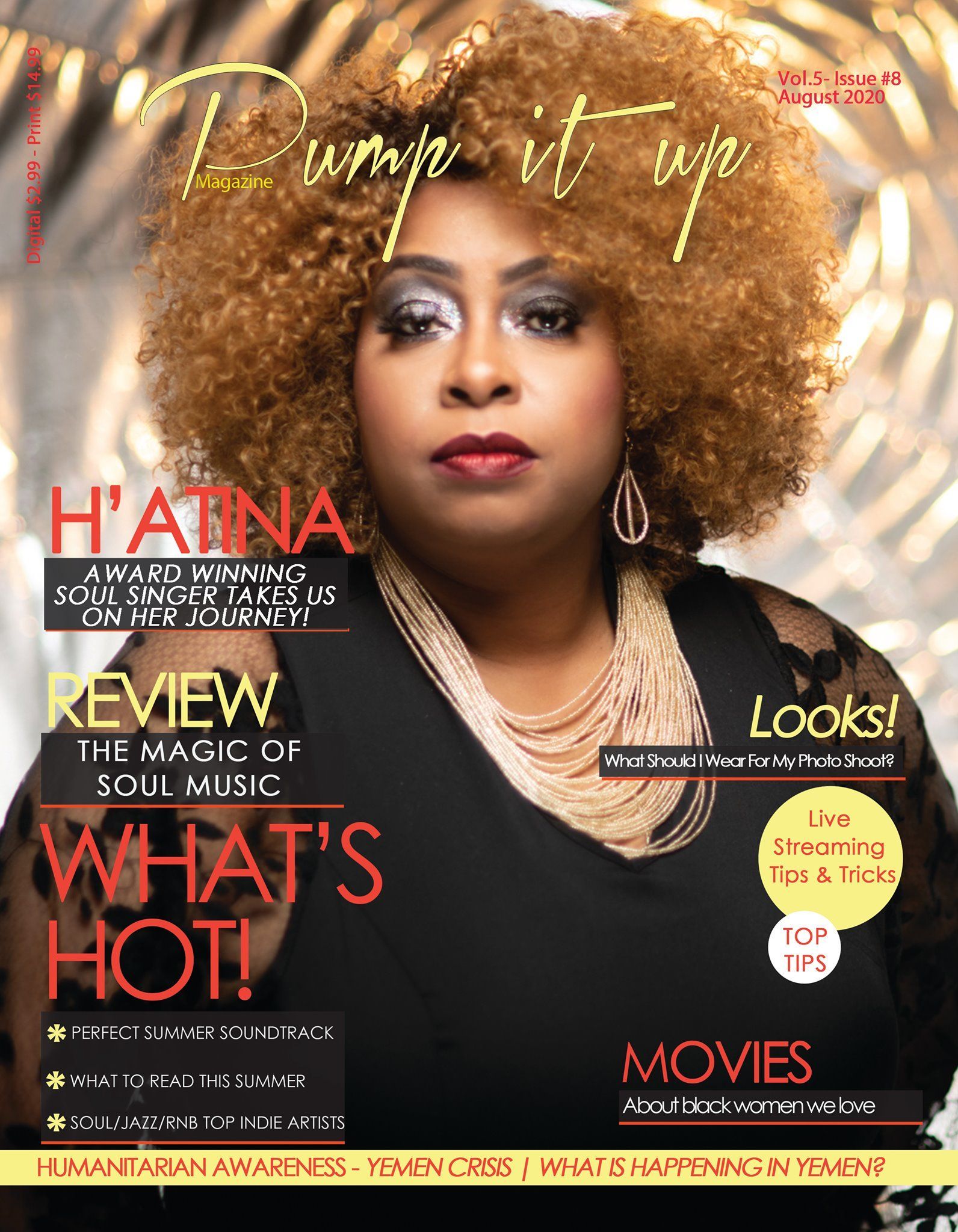 A woman with curly hair is on the cover of a magazine.
