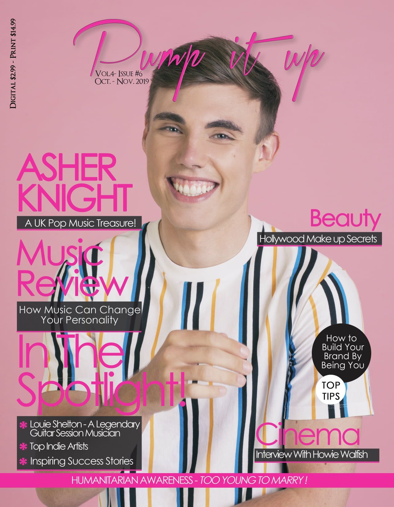 A young man is smiling on the cover of a magazine.