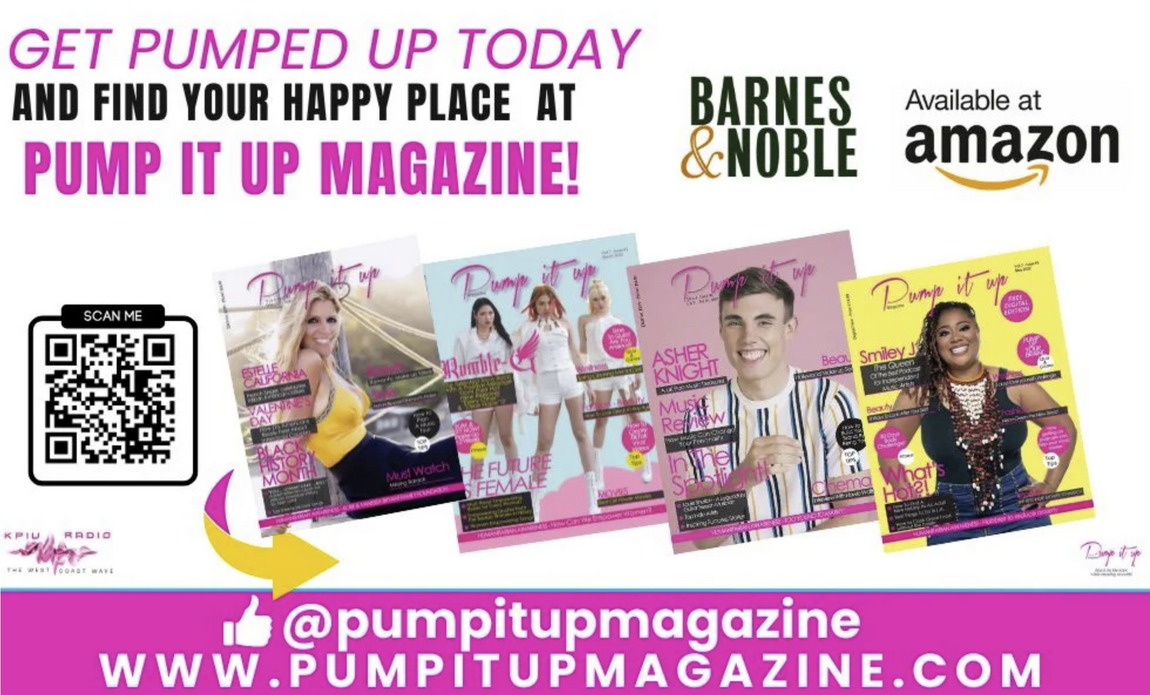 Promotional graphic for Pump It Up Magazine. Includes magazine covers, QR code, and social media handles.