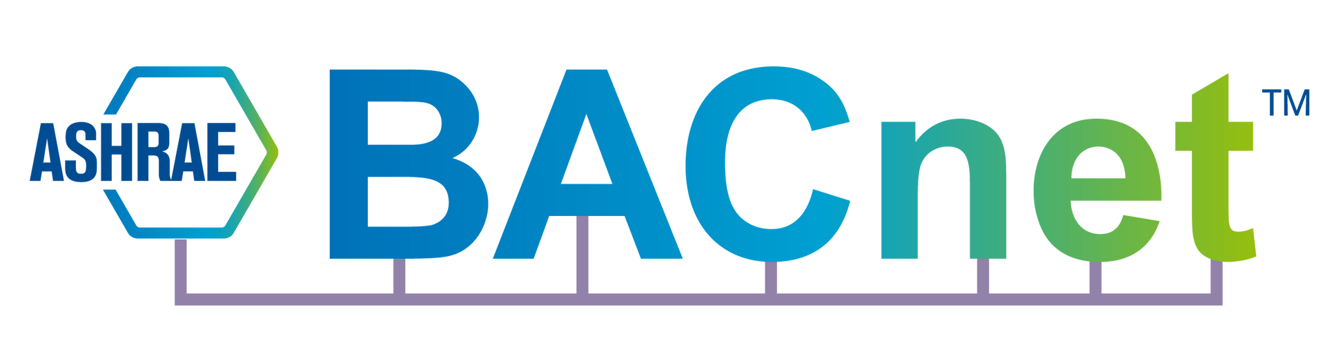 A blue and green bacnet logo on a white background