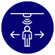 A blue circle with a person hanging from the ceiling and arrows pointing in opposite directions.