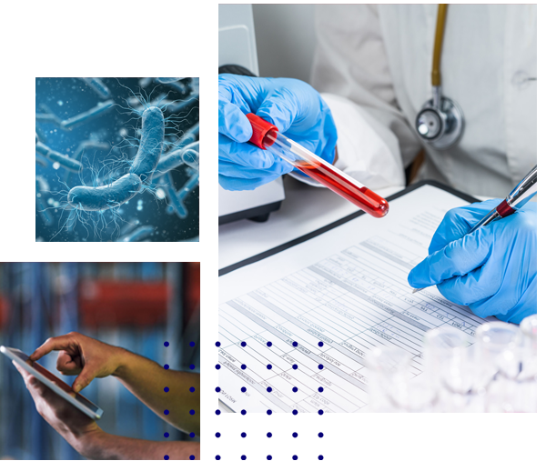 A collage of images shows a person holding a test tube and a person using a tablet.