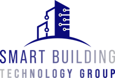 The logo for smart building technology group shows a building with a circuit board on it.