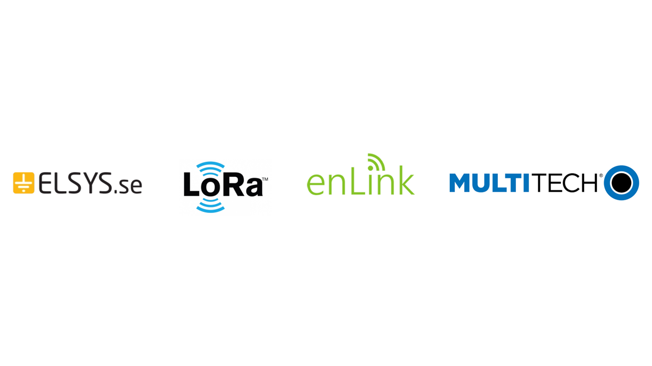 The logos for elsys.se lora enlink and multitech are lined up on a white background.