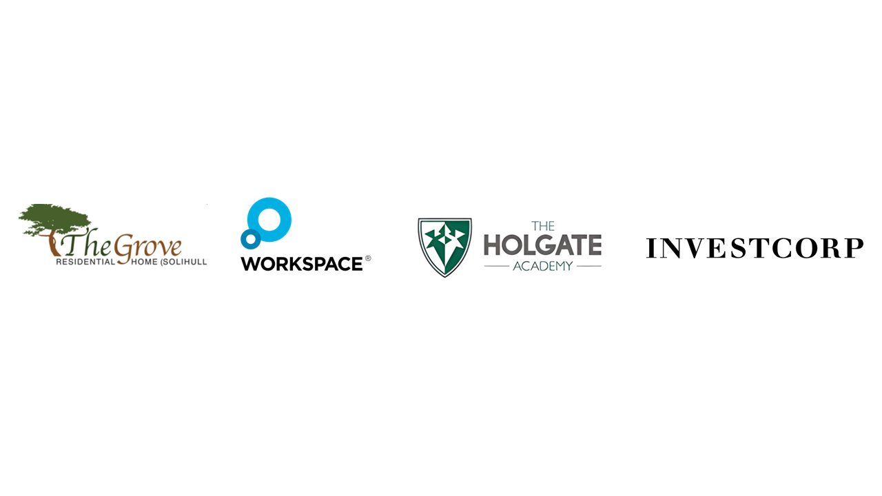 A row of logos on a white background including the grove , workspace , holgate and investcorp.