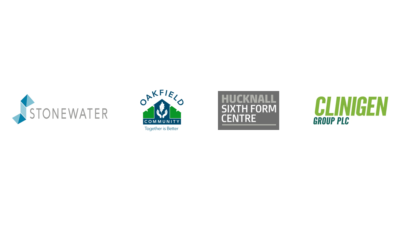 A row of logos on a white background including stonewater , huckball sixth form centre and clinigen group plc.