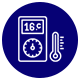 A thermometer and clock icon in a blue circle.