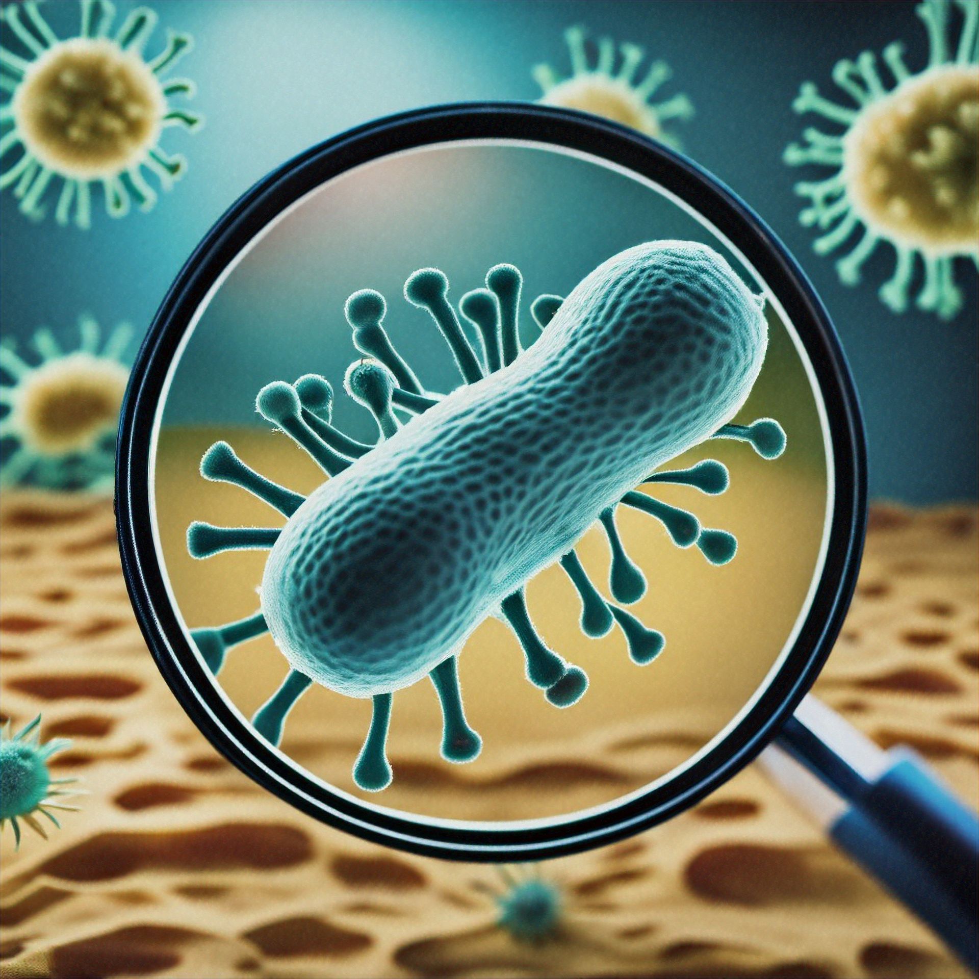 A magnifying glass shows a bacteria surrounded by viruses