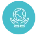 A pair of hands holding a globe in a blue circle.