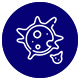 A line drawing of a virus in a blue circle.