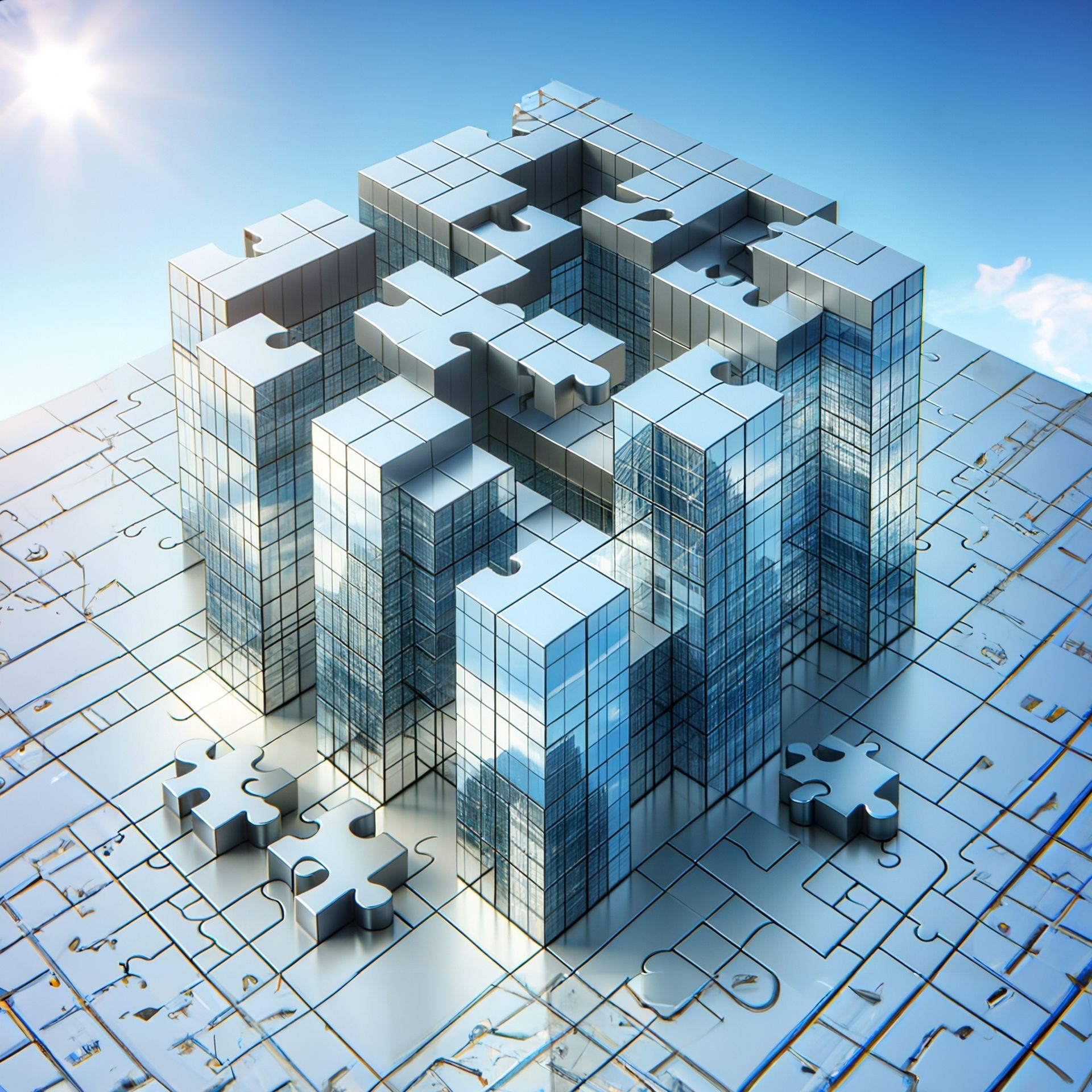 A building made out of puzzle pieces against a blue sky