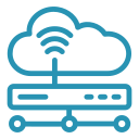 A blue icon of a cloud connected to a router.