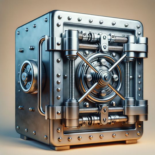 A 3d rendering of a metal safe with a door open.