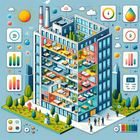 It is an isometric illustration of a building with a lot of windows.