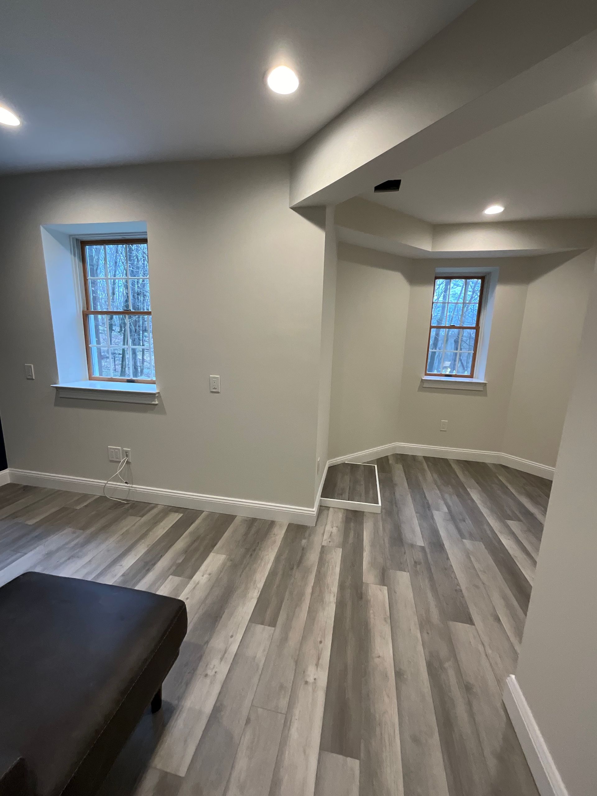 A living room with hardwood floors and two windows.