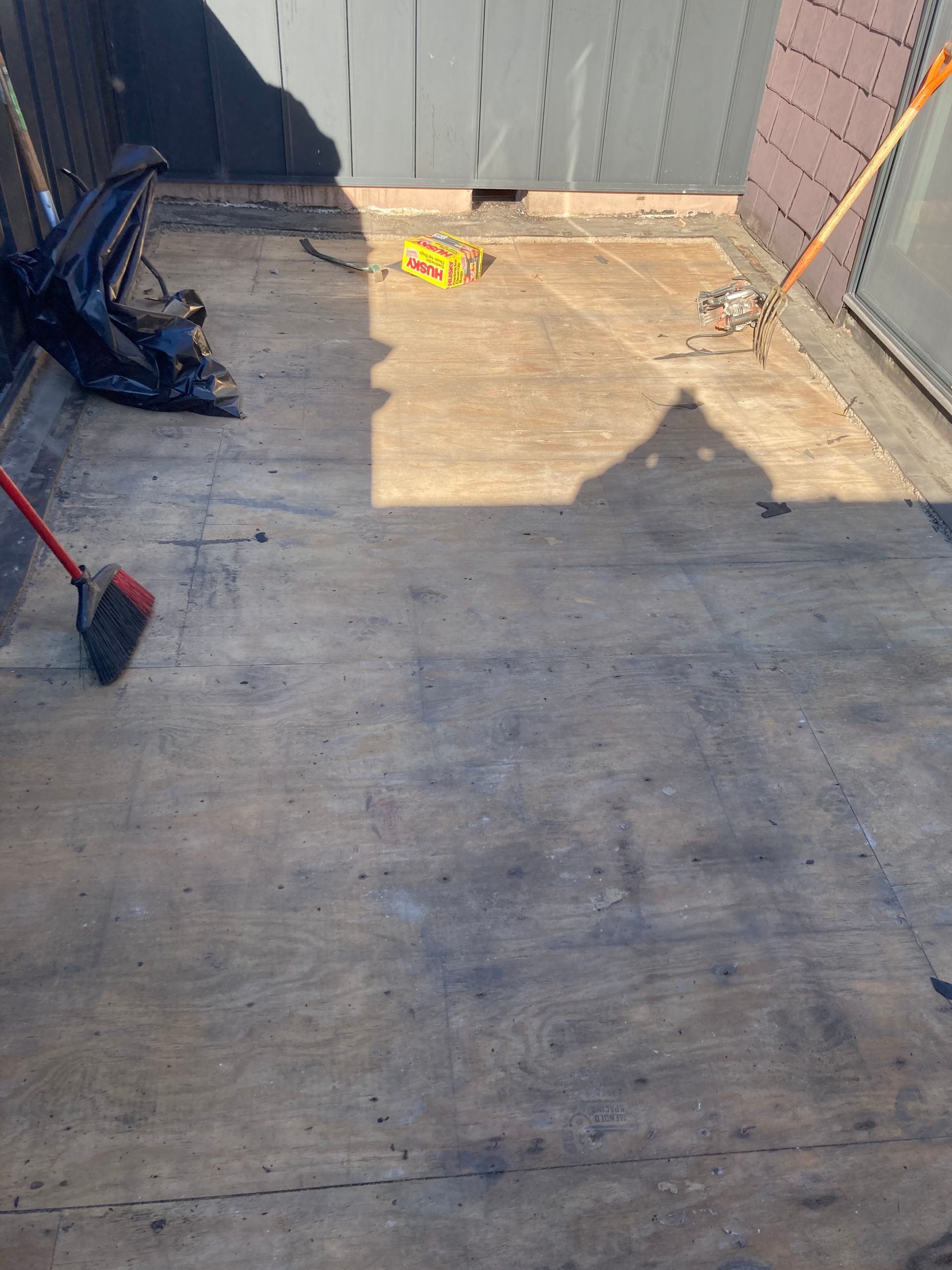 Wooden shed interior with tools, trash bag, and scattered debris. Bright sunlight.