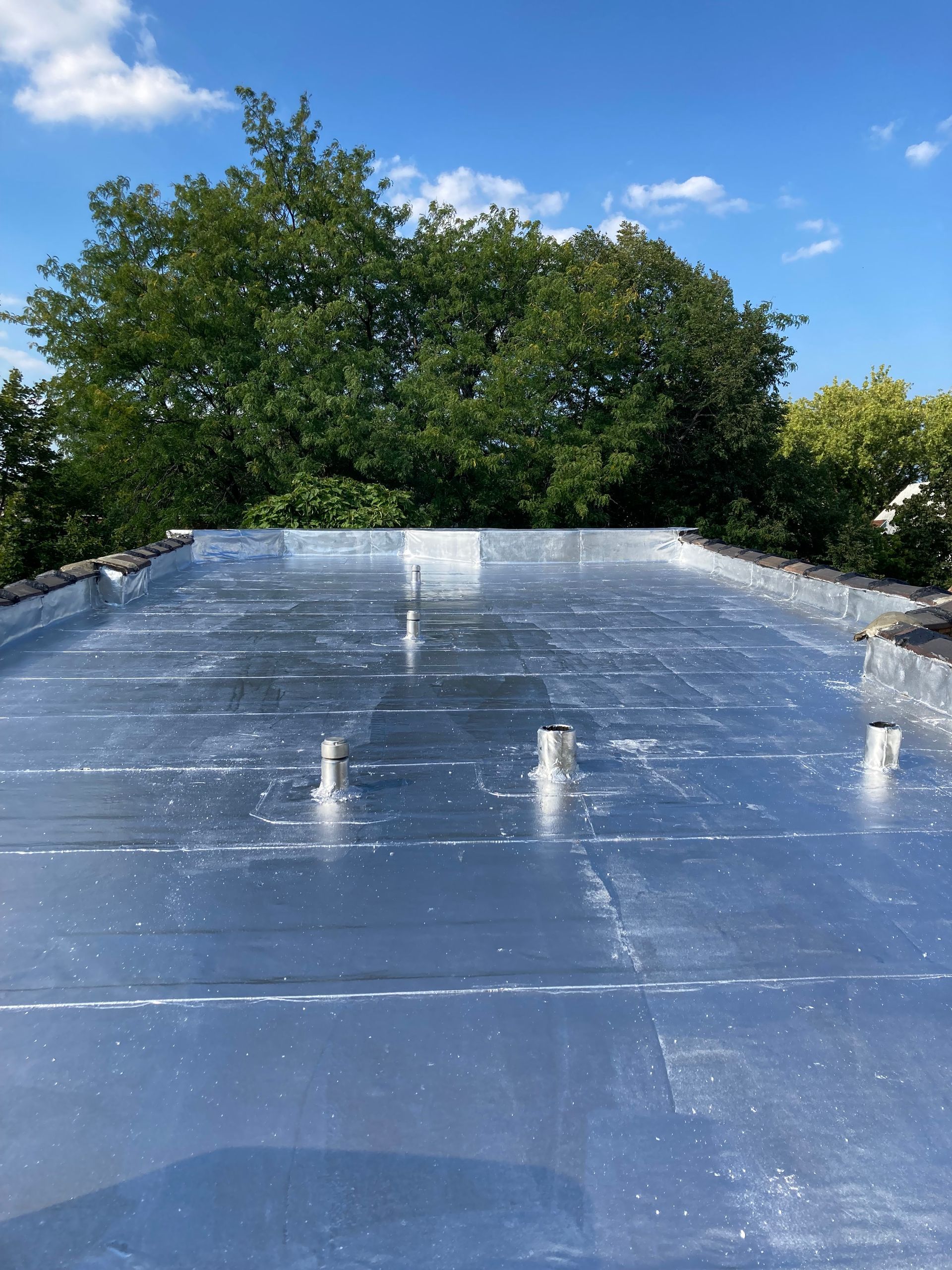 Flat, gray rooftop with small metal fixtures; blue sky, leafy trees in background.