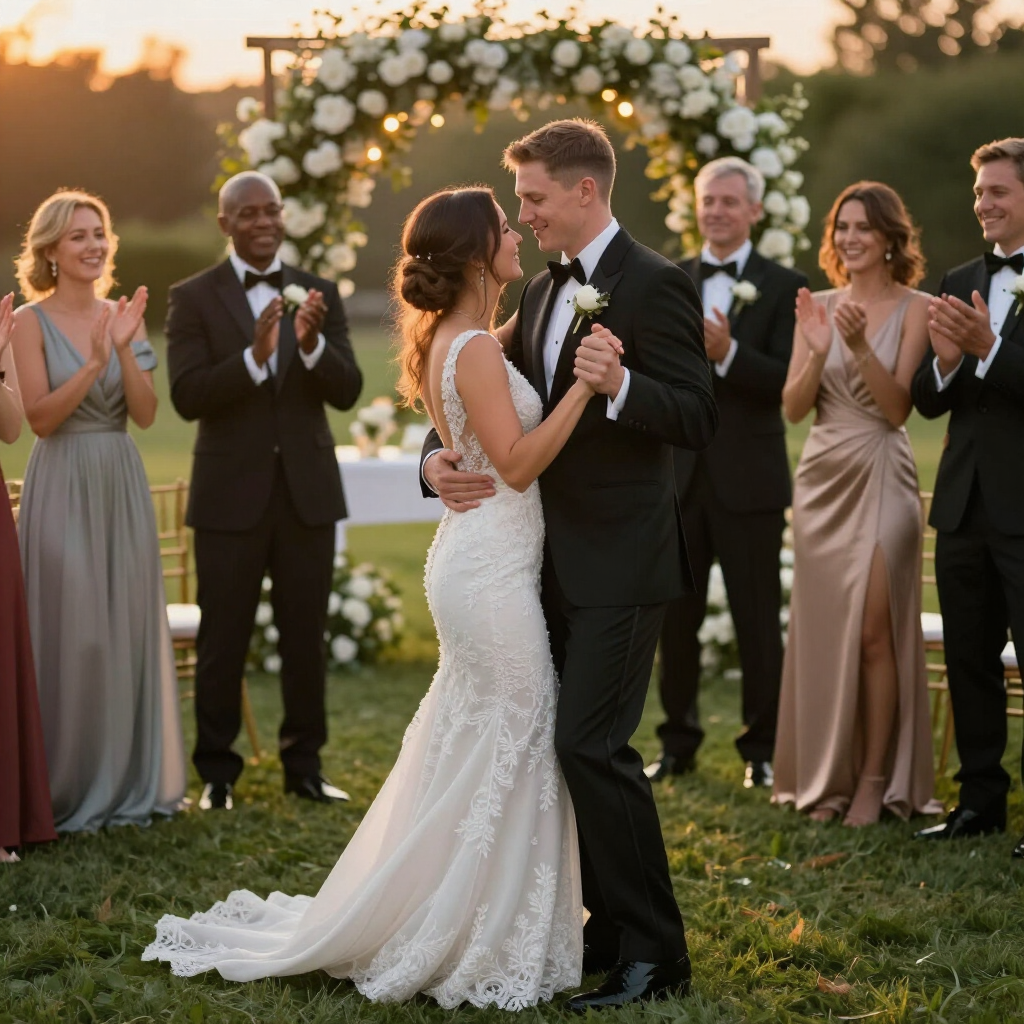 Newlyweds embrace, surrounded by sparklers, at a wedding reception.