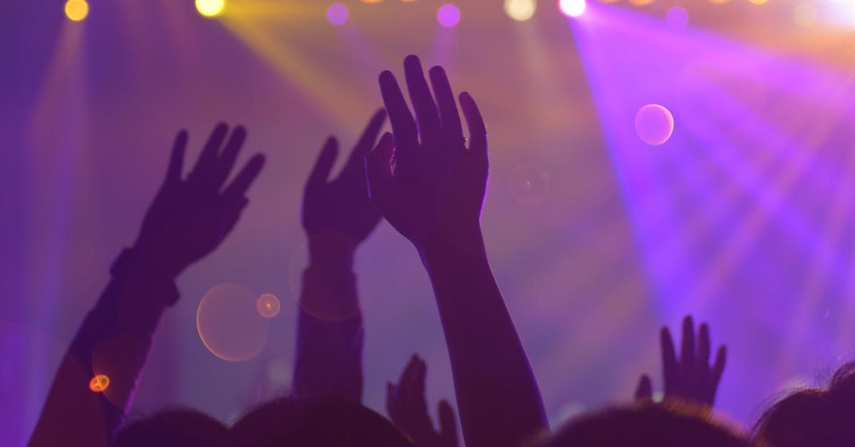 Hands raised in a crowd, silhouetted against bright stage lights, purple and yellow hues.