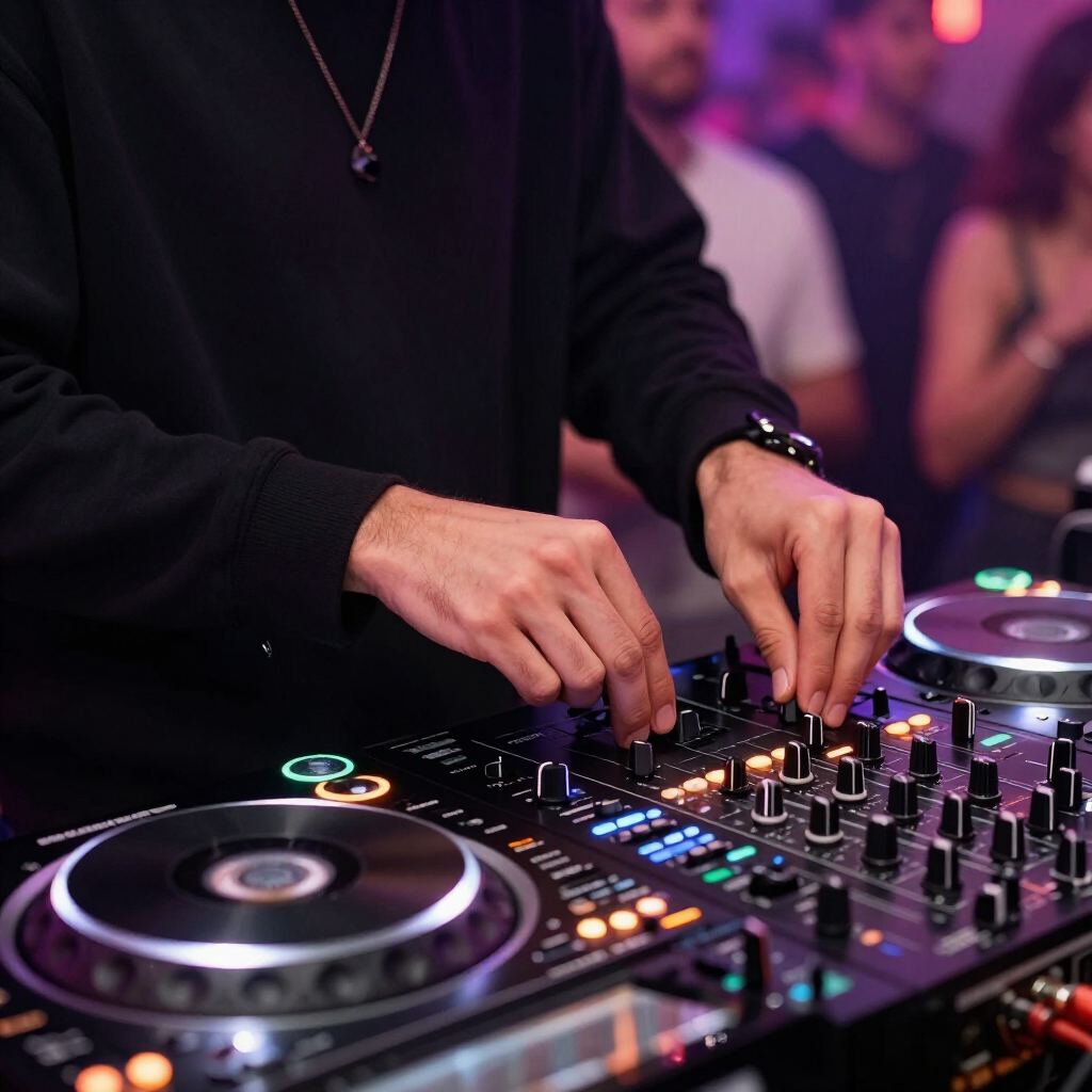 DJ mixing music on a controller with glowing lights in a dim nightclub setting