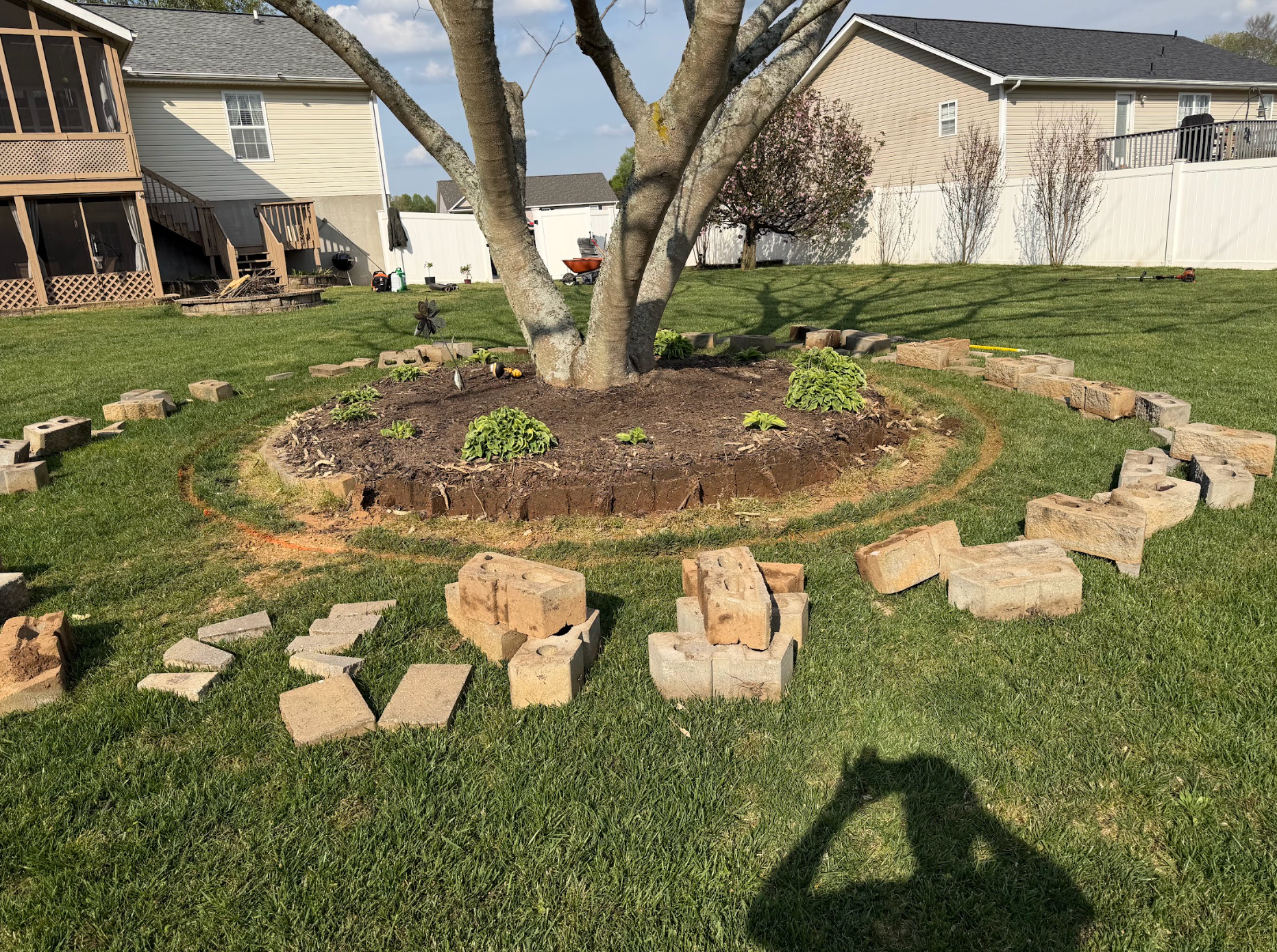 Mulched tree ring in a yard with scattered bricks and houses in the background