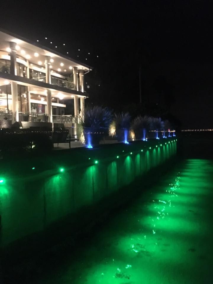 A large building is lit up at night with green lights