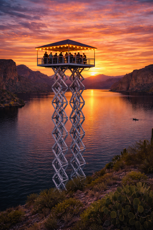 Elevated observation deck over a canyon lake at sunset, with people silhouetted against a colorful sky.