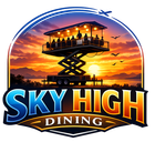 Sky High Dining logo with rooftop restaurant on a scissor lift at sunset over mountains