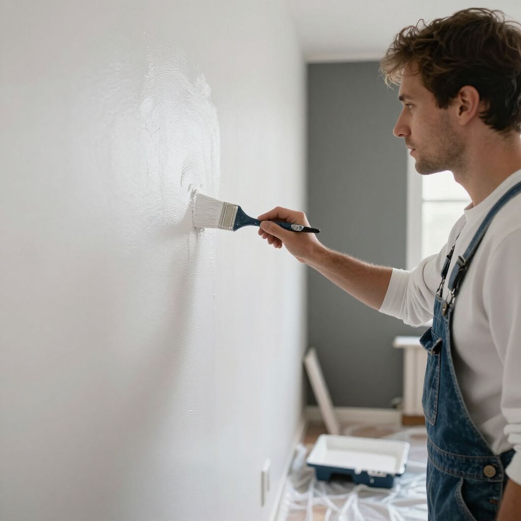 Man in overalls painting a white wall with a brush.