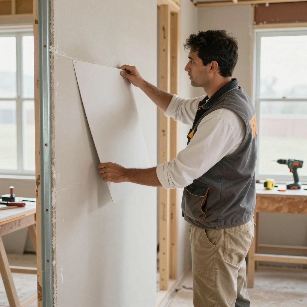 Man installing drywall on a wall; construction site.
