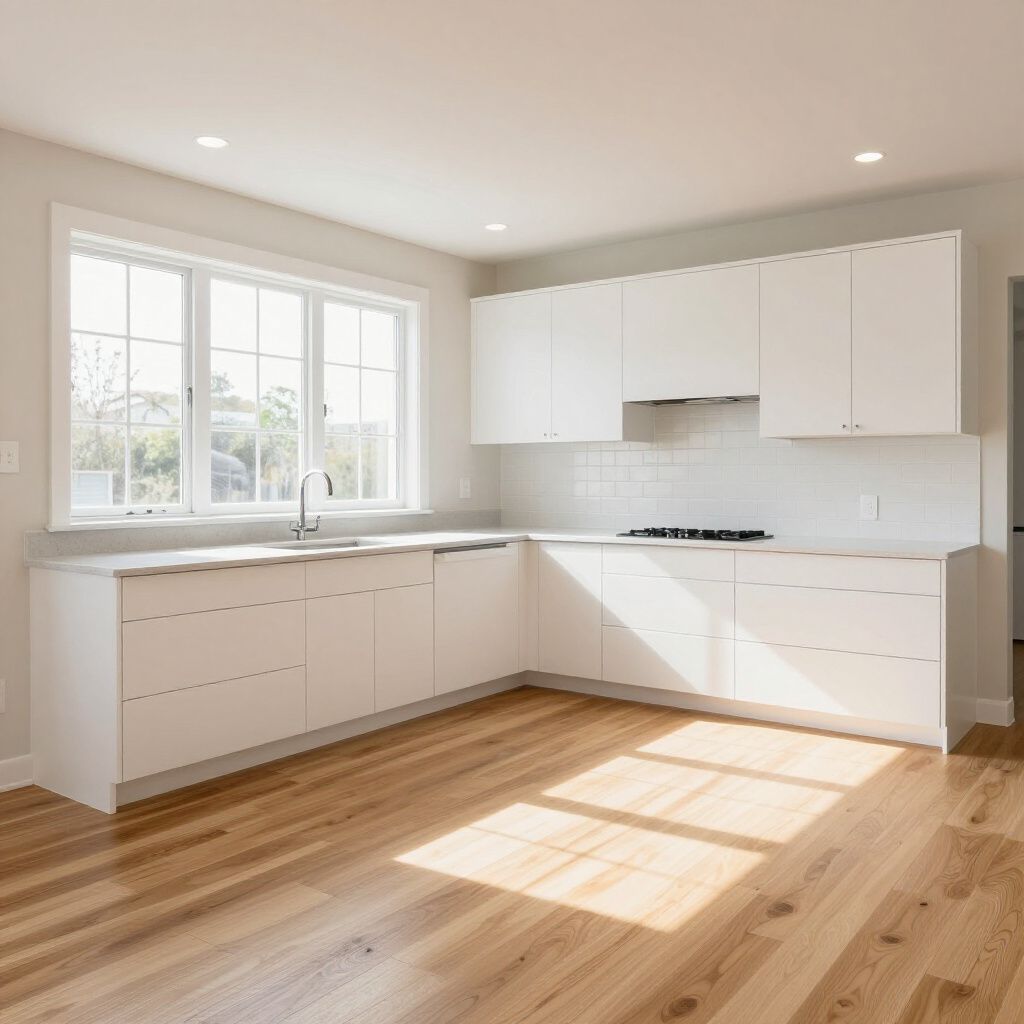 Modern white kitchen with wooden floors, countertops, and upper cabinets.
