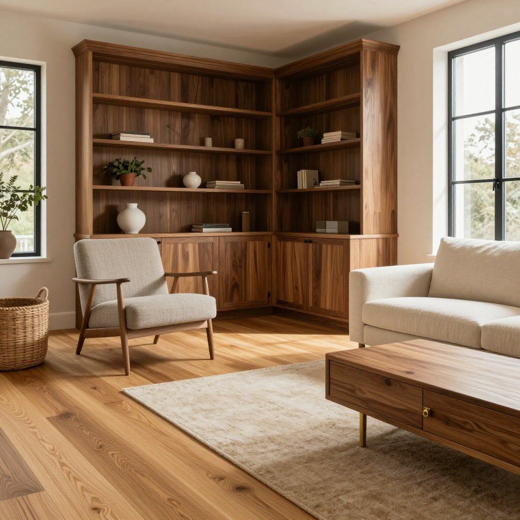 Living room with built-in wooden bookshelves, beige couch and armchair, hardwood floors, rug, and windows.
