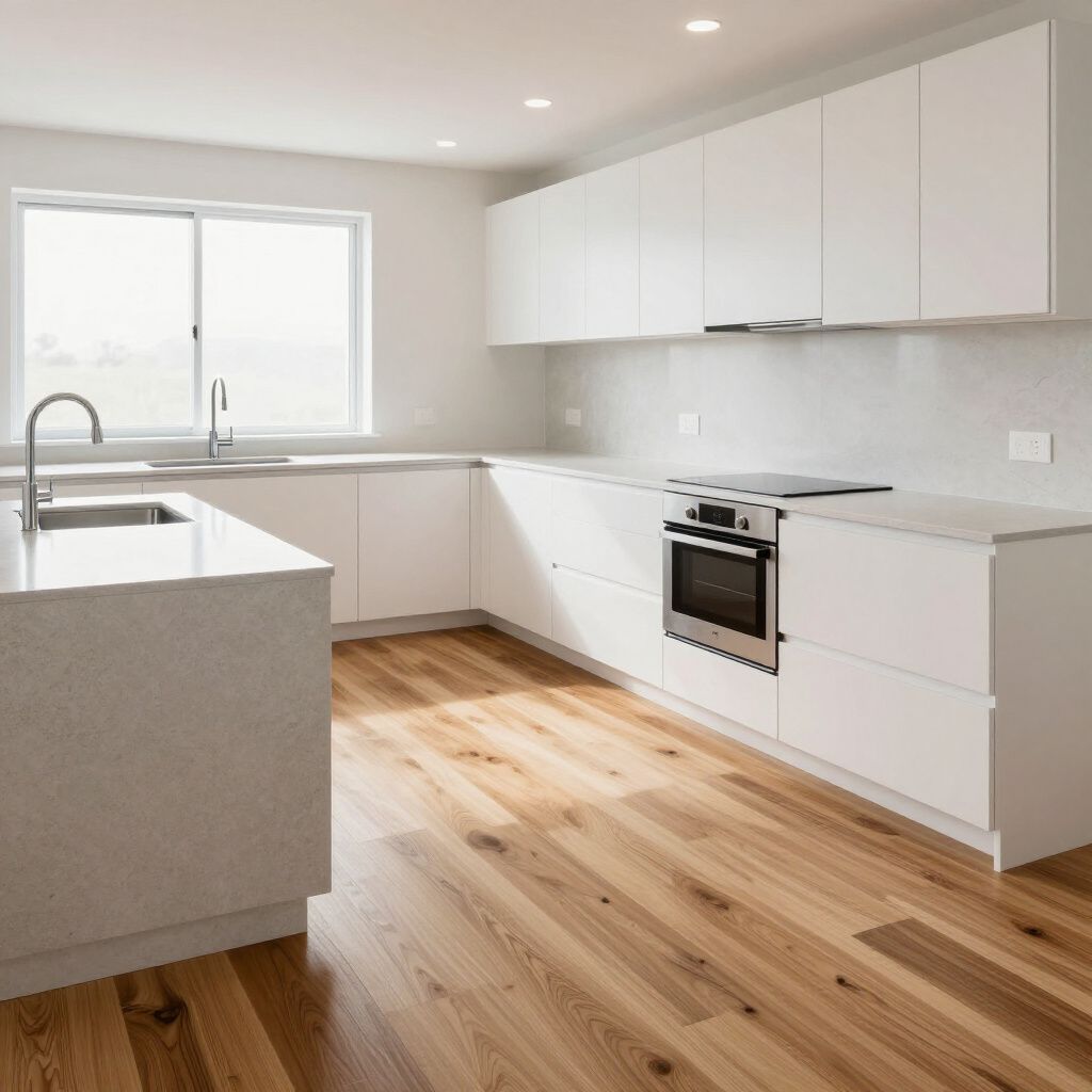 Modern white kitchen with wood floor, countertop, cabinets, sink, window, and oven.