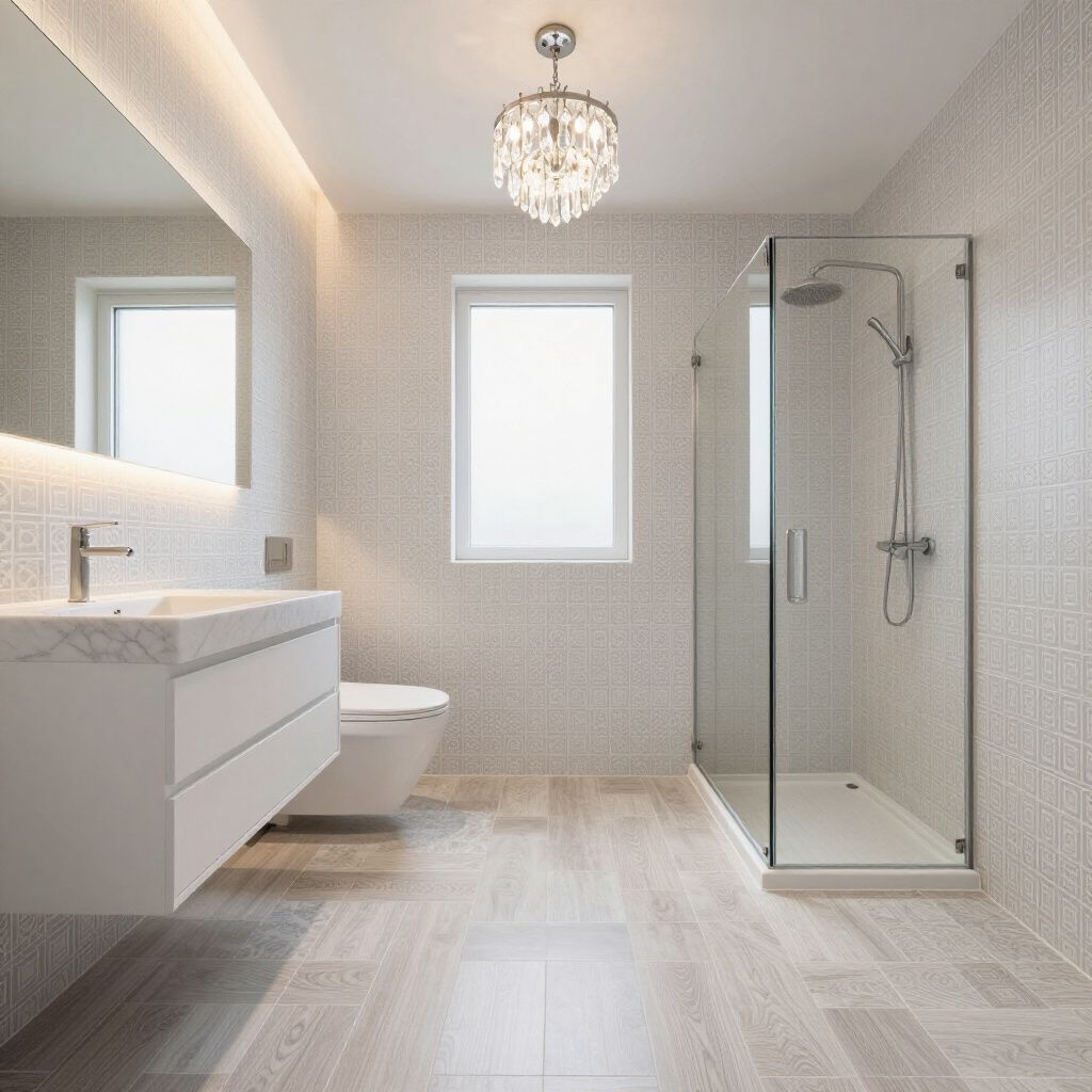 Modern bathroom with white fixtures, glass shower, and crystal chandelier.