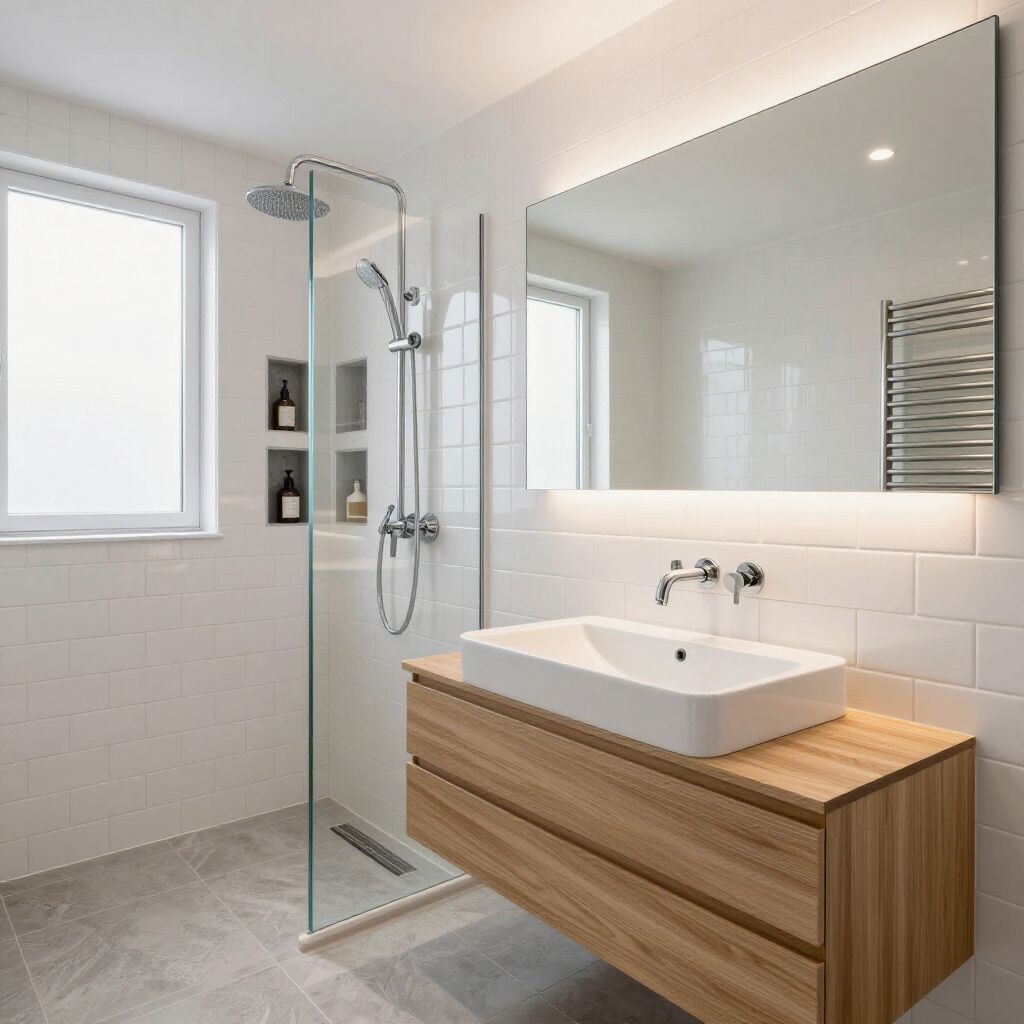 Modern bathroom with a wooden vanity, rectangular sink, and walk-in shower.