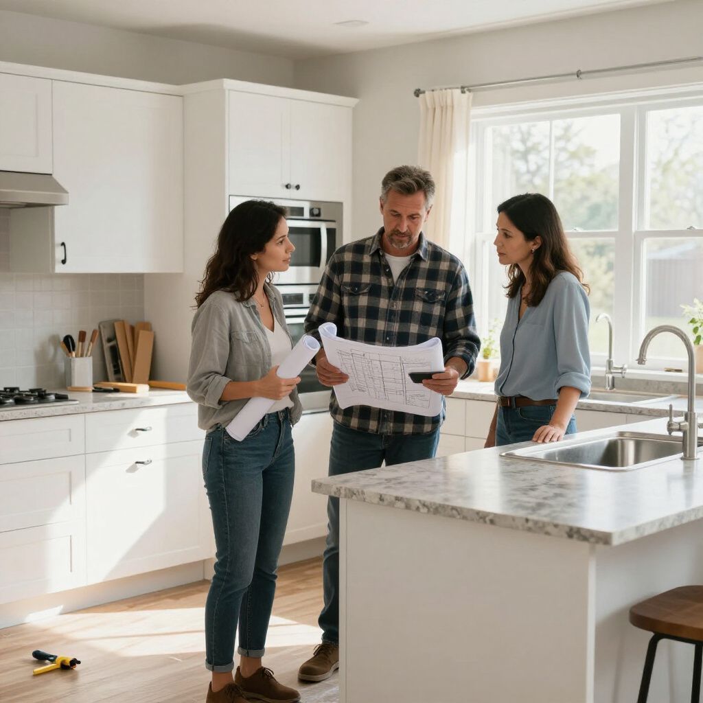 People in a kitchen looking at blueprints; discussing renovation plans.