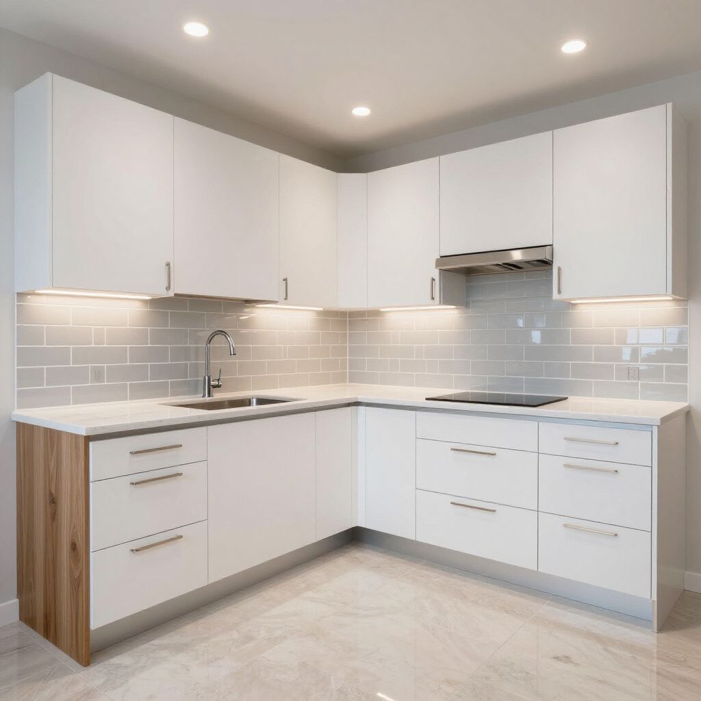 Modern white kitchen with light wood accents and stainless steel appliances.