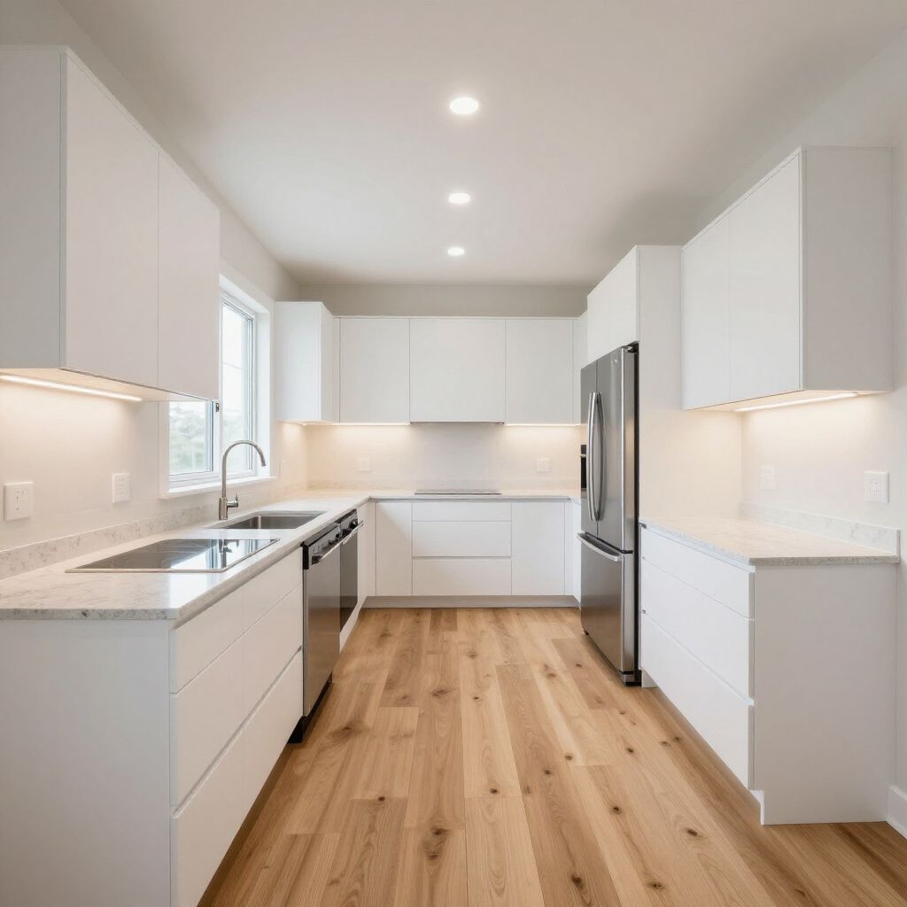 Modern white kitchen with stainless steel appliances, light wood floors, and recessed lighting.