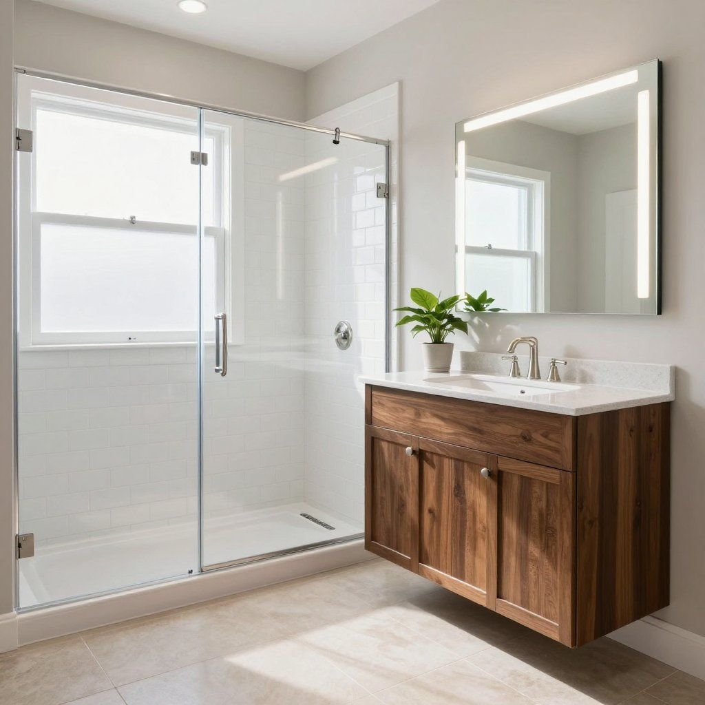 Modern bathroom with glass shower, floating wooden vanity, and large mirror.