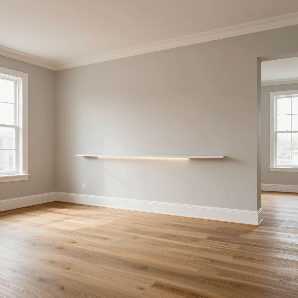 Empty room with hardwood floors, gray walls, white trim, and a built-in shelf with lighting.
