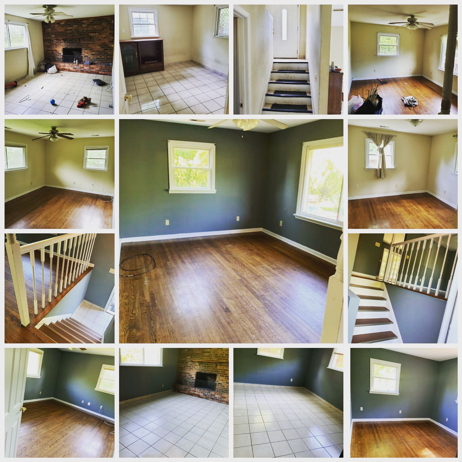 Collage showing interior home renovation: rooms with old and new paint, flooring, and staircase.