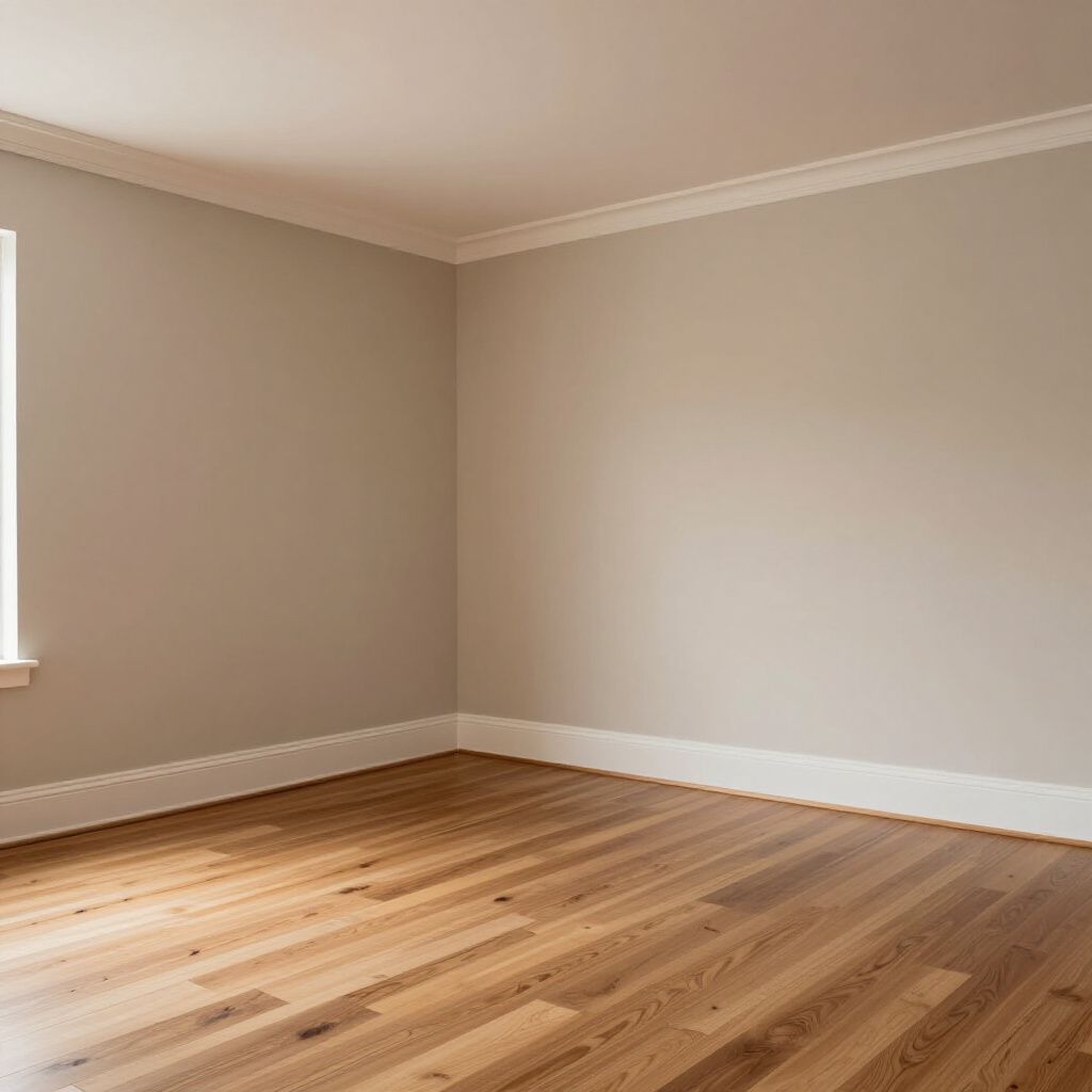 Empty room with light brown hardwood floors, beige walls, and white trim.