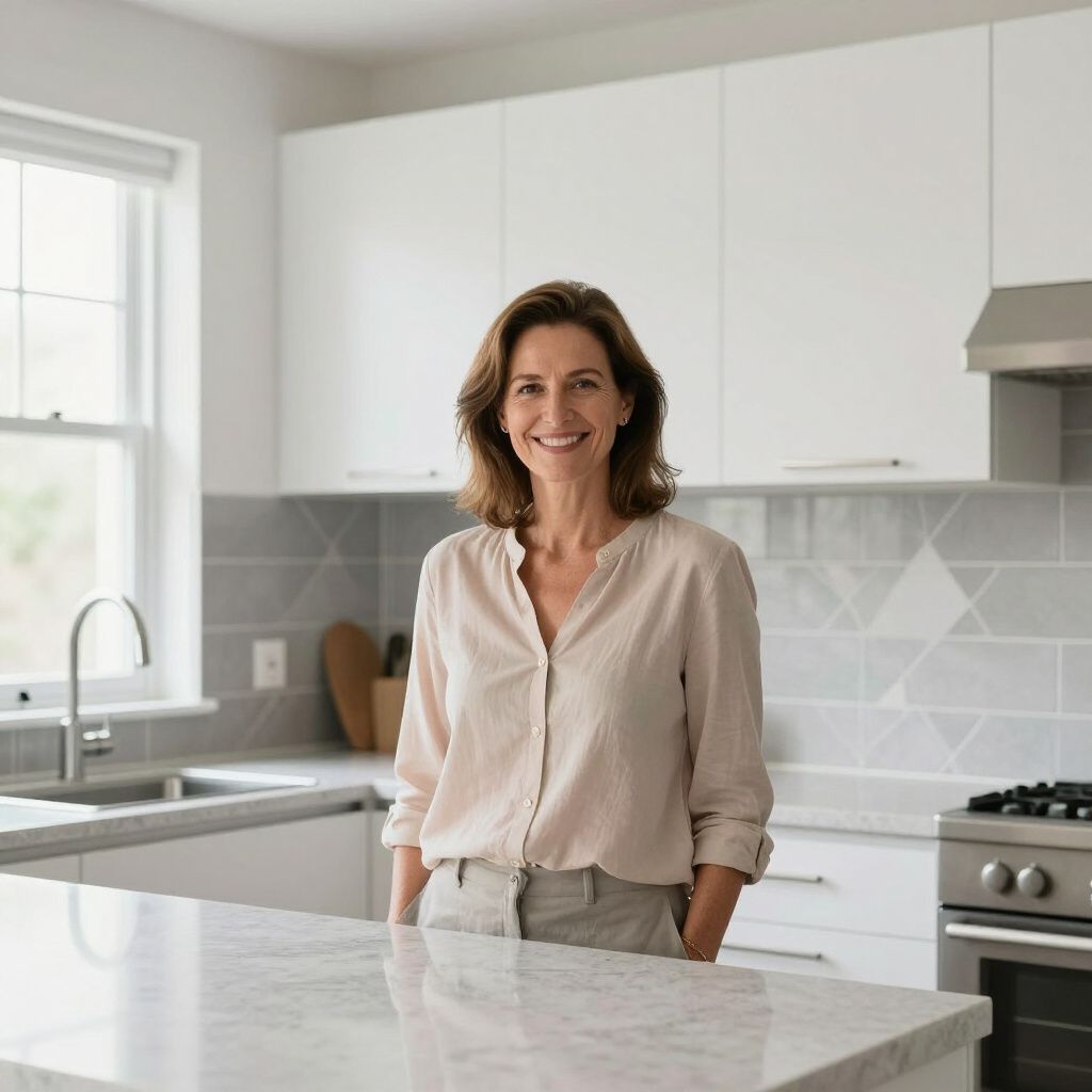 Woman smiling in a modern white kitchen with a marble countertop.
