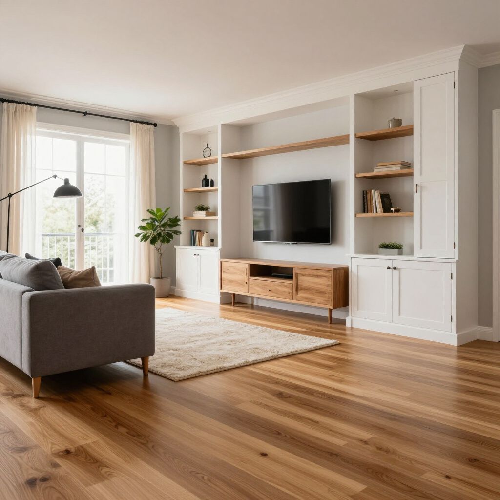 Living room with hardwood floors, a gray couch, built-in white shelves, and a TV.