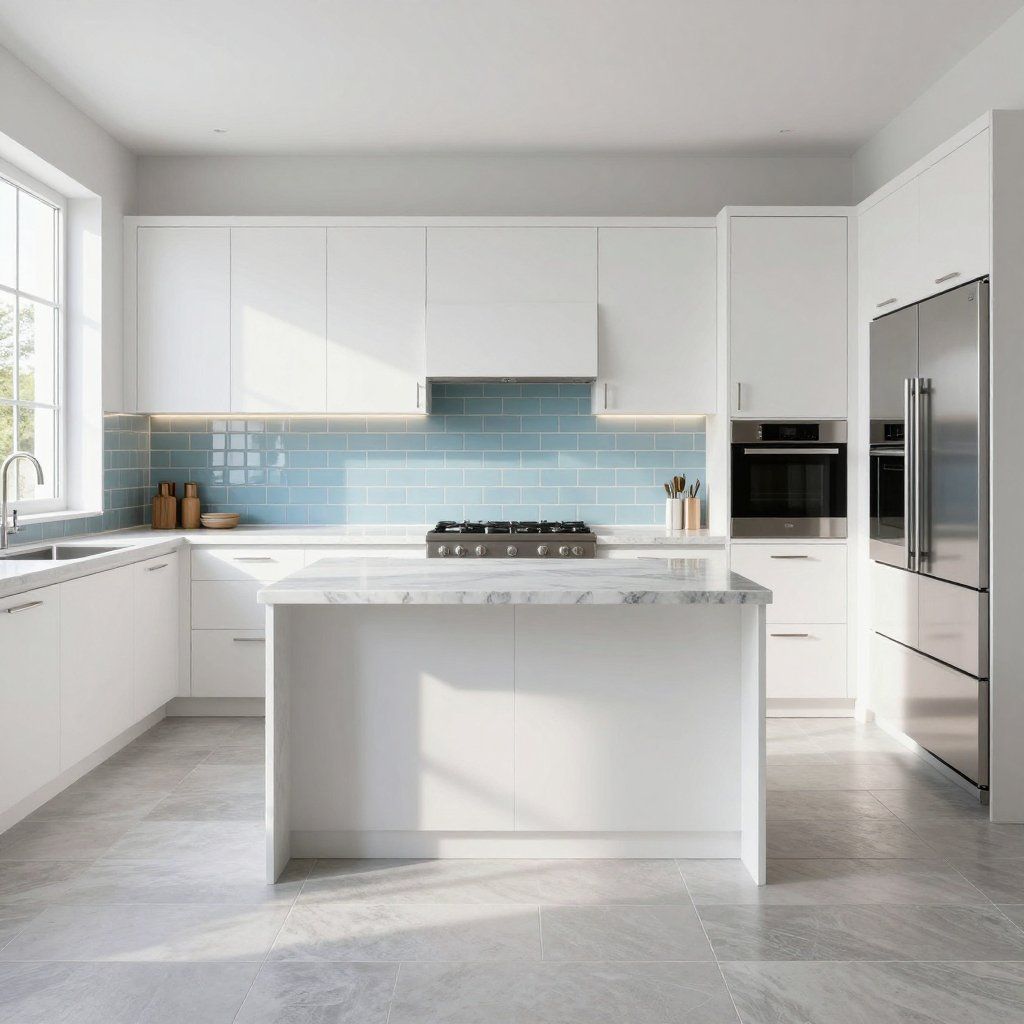 Modern white kitchen with island, blue tile backsplash, stainless steel appliances.
