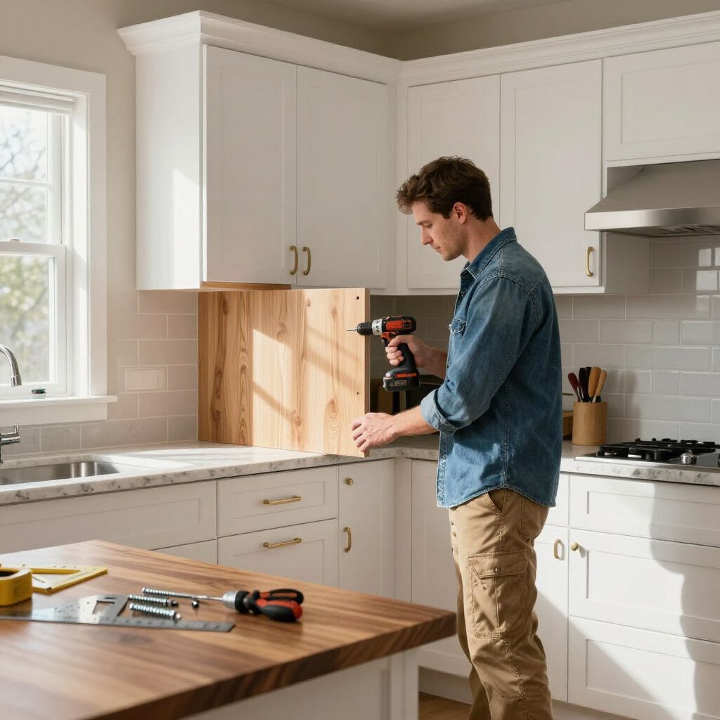 Man in kitchen using a drill to assemble a wooden cabinet.