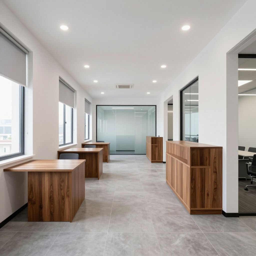 Modern office hallway with wood desks and cabinetry; glass-walled rooms, gray tile floor, white walls, and bright lighting.
